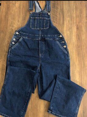 Charlie B Dark Wash Denim Bib Overalls Wide Leg Size 8
